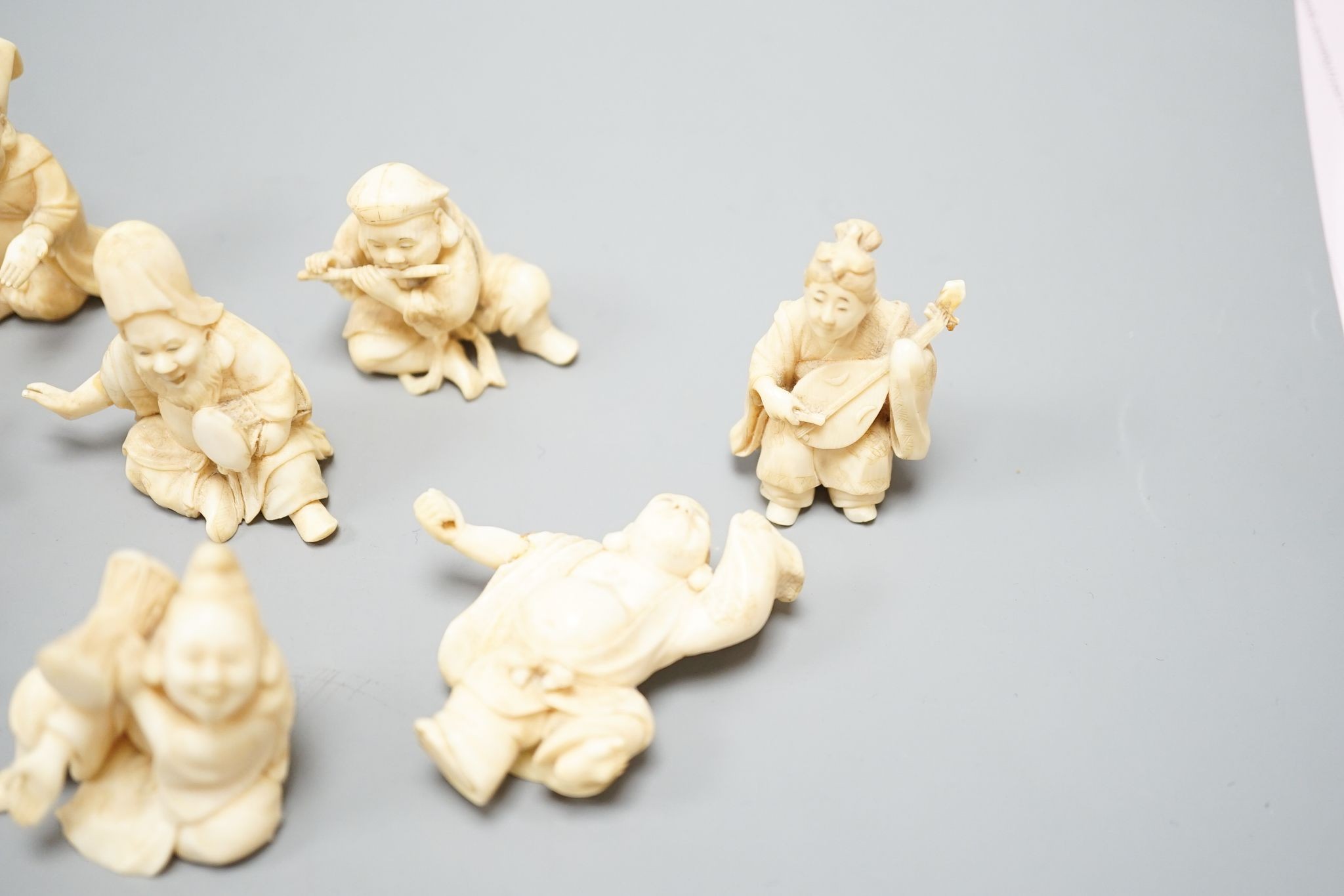 A set of seven Japanese ivory okimono of the seven gods of Happiness, Meiji period, unsigned, tallest 4cm